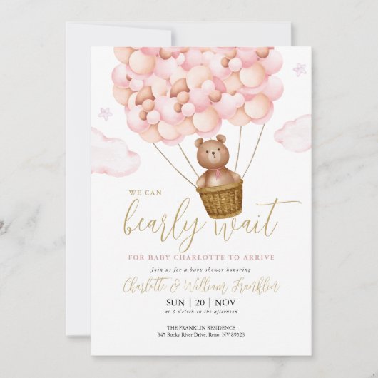 Bearly Wait Teddybeer Roze QR Code Baby Shower Kaart (Voorkant)