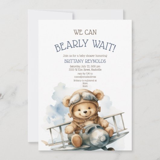 Bearly Wait Vliegtuig blauw Baby shower Kaart (Voorkant)