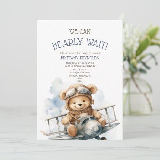 Bearly Wait Vliegtuig blauw Baby shower Kaart (Staand voorkant)