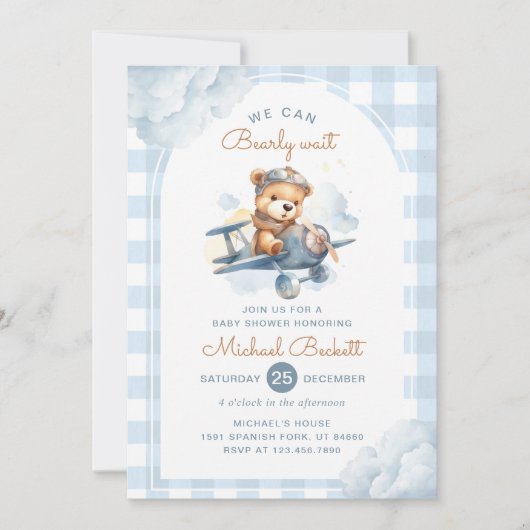 Bearly Wait Vliegtuig Teddy Bear Boy Baby shower Kaart (Voorkant)