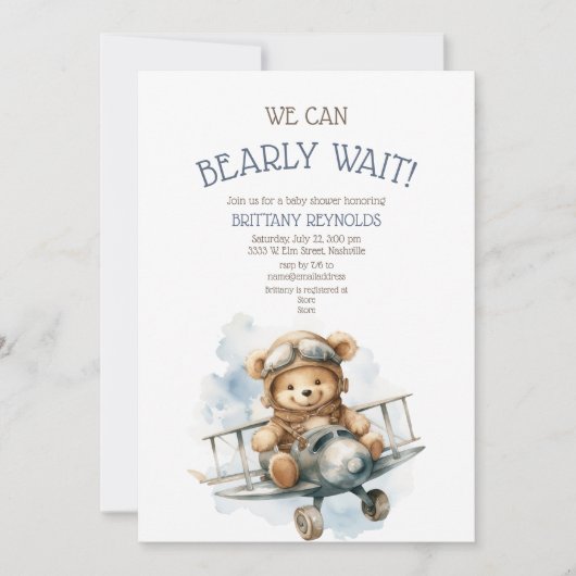 Bearly Wait Vliegtuig Vliegend Beer Blauw Baby sho Kaart (Voorkant)
