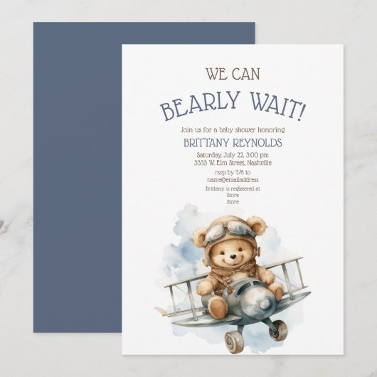 Bearly Wait Vliegtuig Vliegend Beer Blauw Baby sho Kaart (Voorkant / Achterkant)