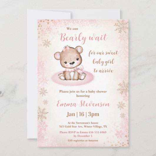 Bearly Wait Winter Beer Roze Goud Meisje Baby show Kaart (Voorkant)