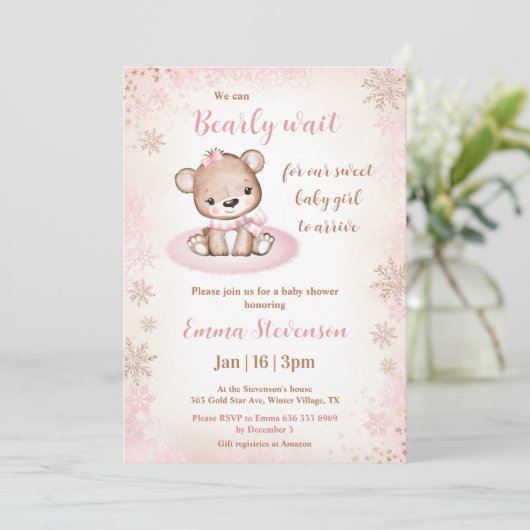 Bearly Wait Winter Beer Roze Goud Meisje Baby show Kaart (Staand voorkant)