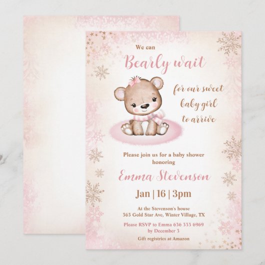 Bearly Wait Winter Beer Roze Goud Meisje Baby show Kaart (Voorkant / Achterkant)