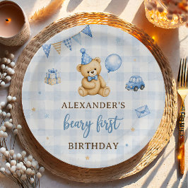 Beary 1e verjaardag beer blauwe ballon papieren bordje