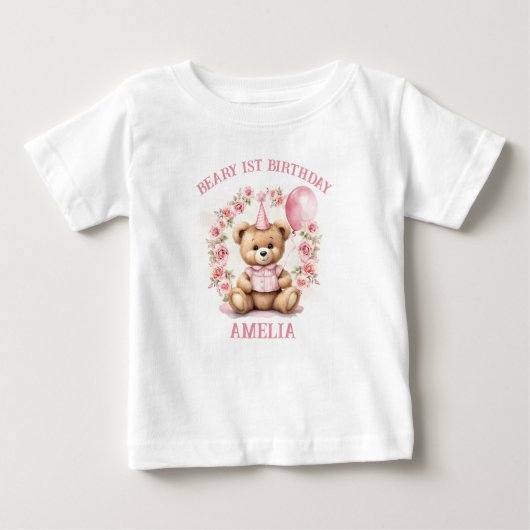 Beary 1e Verjaardag Beer Meisje Roze Baby T-shirt (Voorkant)