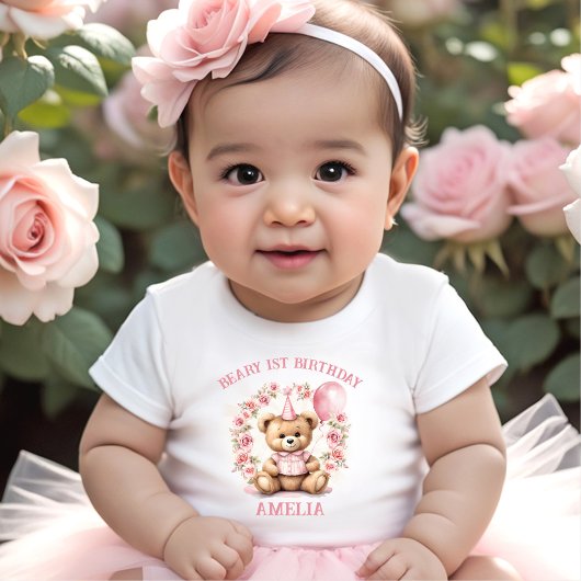 Beary 1e Verjaardag Beer Meisje Roze Baby T-shirt