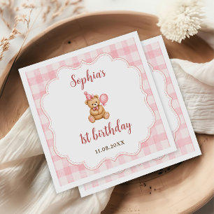 Beary 1e verjaardag beer roze ballon servet