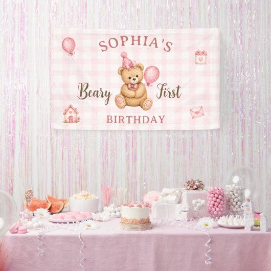 Beary 1e verjaardag beer roze ballon spandoek (Feest)