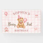 Beary 1e verjaardag beer roze ballon spandoek (Horizontaal)