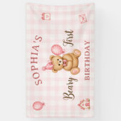 Beary 1e verjaardag beer roze ballon spandoek (Verticaal)