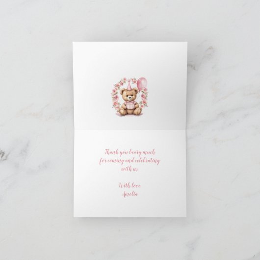 Beary 1e verjaardag roze rozen teddybeer bedankkaart (Binnen)