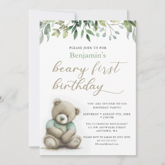 Beary 1e Verjaardag Waterverf Teddy Bear Leaves Kaart (Voorkant)