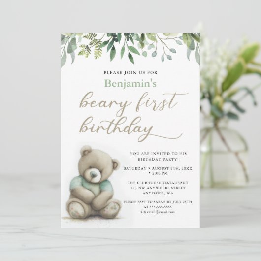 Beary 1e Verjaardag Waterverf Teddy Bear Leaves Kaart