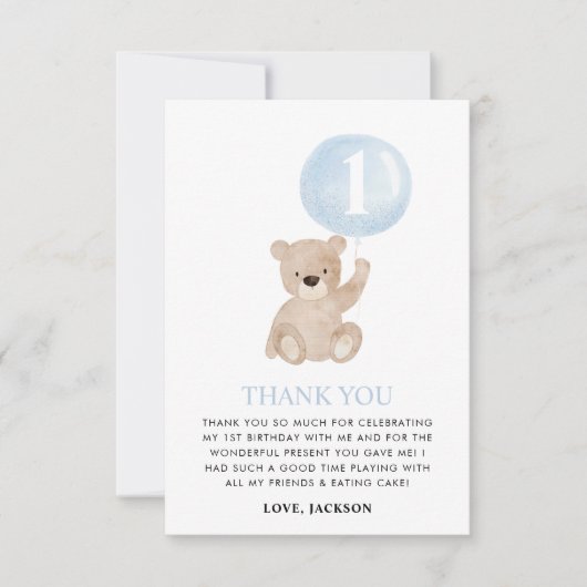 Beary 1st Birthday Beer Blue Balloon Bedankkaart (Voorkant)