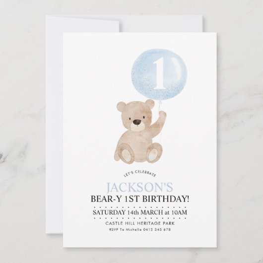 Beary 1st Birthday Beer Blue Balloon Uitnodiging (Voorkant)
