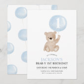 Beary 1st Birthday Beer Blue Balloon Uitnodiging (Voorkant / Achterkant)