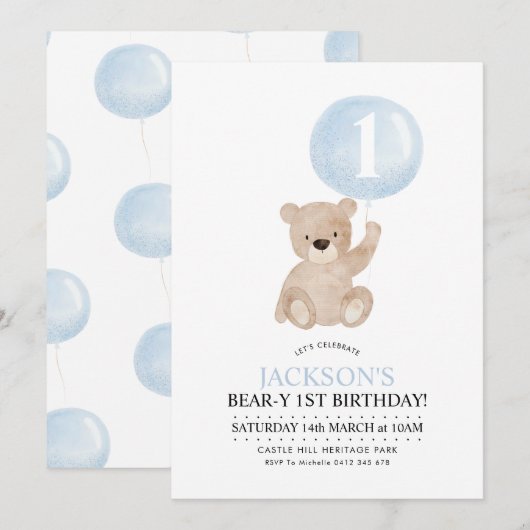 Beary 1st Birthday Beer Blue Balloon Uitnodiging (Voorkant / Achterkant)