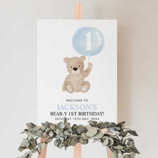 Beary 1st Birthday Beer Blue Balloon Welkomstteken Poster