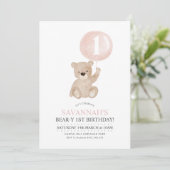 Beary 1st Birthday Beer Pink Ballonuitnodiging Kaart (Staand voorkant)