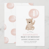 Beary 1st Birthday Beer Pink Ballonuitnodiging Kaart (Voorkant / Achterkant)