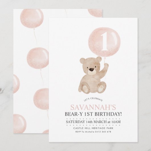 Beary 1st Birthday Beer Pink Ballonuitnodiging Kaart (Voorkant / Achterkant)