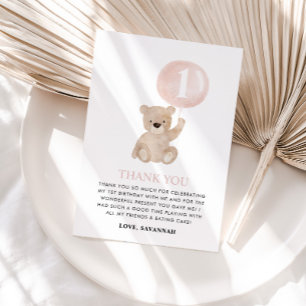 Beary 1st Birthday Beer Roze Ballon Bedankkaart