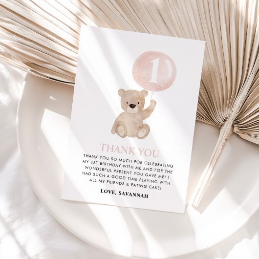 Beary 1st Birthday Beer Roze Ballon Bedankkaart