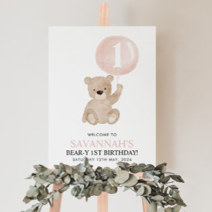 Beary 1st Birthday Beer Roze ballon Welkomstteken Poster