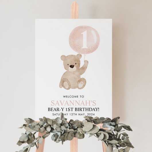 Beary 1st Birthday Beer Roze ballon Welkomstteken Poster