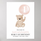 Beary 1st Birthday Beer Roze ballon Welkomstteken Poster (Voorkant)