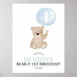 Beary 1st Birthday Blue Beer Welcome Sign Poster
