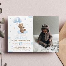 Beary 1st Birthday Invitation Teddy Bear Balloon