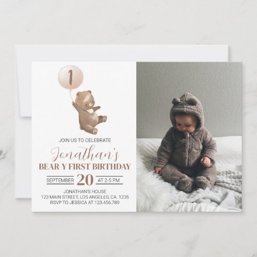 Beary 1st Birthday Invitation Teddy Bear Balloon Bedankkaart (Voorkant)