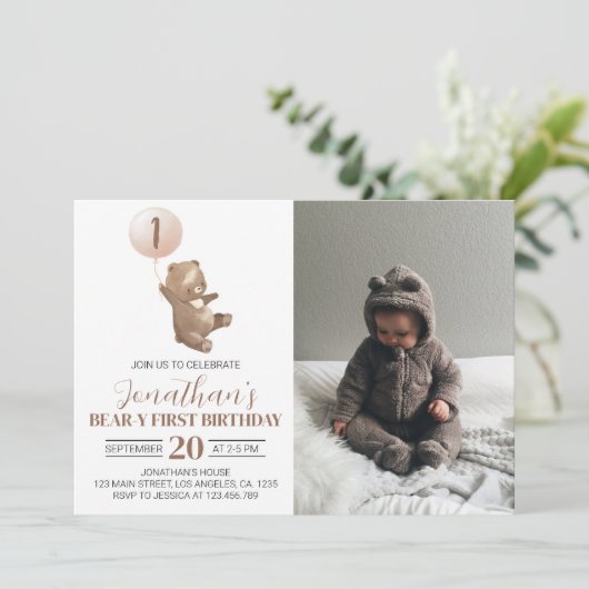 Beary 1st Birthday Invitation Teddy Bear Balloon Bedankkaart (Staand voorkant)