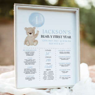 Beary 1st Birthday Milestone Blue Boy Beer Poster