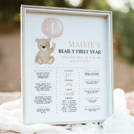 Beary 1st Birthday Milestone Pink Girl Beer Sign Poster