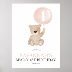Beary 1st Birthday roze Beer Welkomstteken Poster