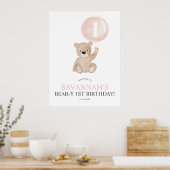 Beary 1st Birthday roze Beer Welkomstteken Poster (Keuken)