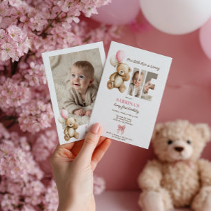 Beary 1st Birthday Teddy Bear Foto Roze Ballon Kaart