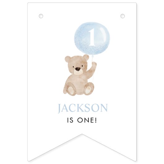 Beary 1st Verjaardag Blauw 12 Maanden Milestone Fo Vlaggetjes (Eerste vlag)