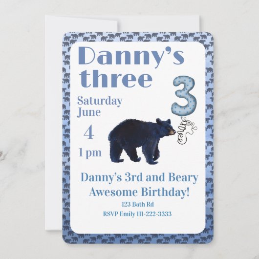 Beary Awesome 3rd Birthday Invitation Kaart (Voorkant)