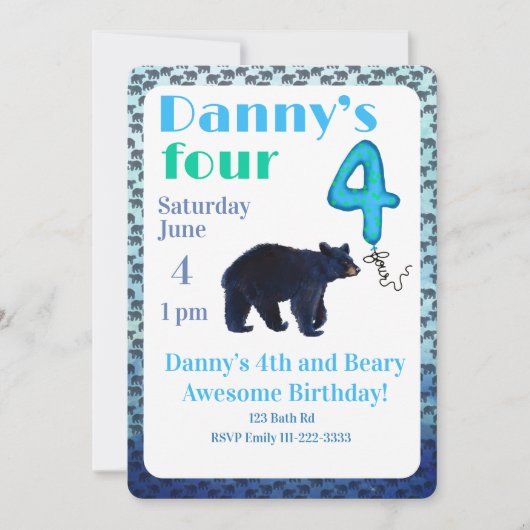 Beary Awesome 4th Birthday Invitation Kaart (Voorkant)
