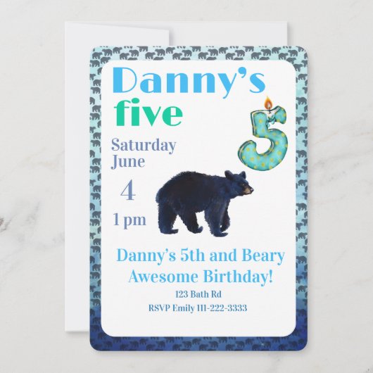 Beary Awesome 5th Birthday Invitation Kaart (Voorkant)