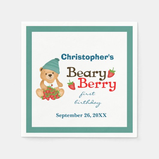 Beary Berry eerste verjaardag Teddy Bear aardbeien Servet (Voorkant)