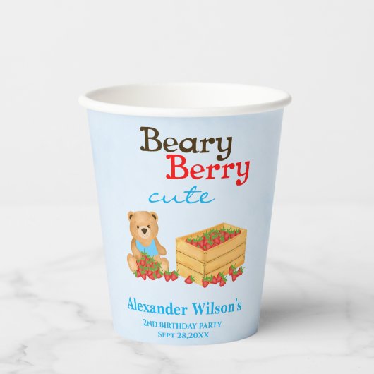 Beary Berry Schattige Aardbei Cub Verjaardagsfeest Papieren Bekers (Voorkant)