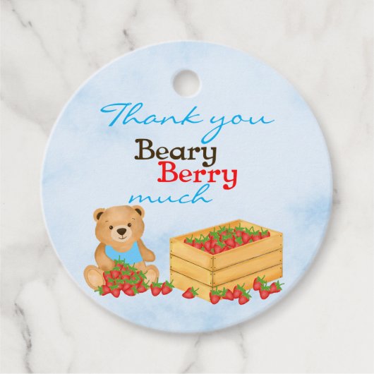 Beary Berry Schattige Blue Boy Strawberry Cub Verj Bedankjes Labels (Voorkant)