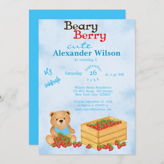 Beary Berry Schattige Blue Cub's aardbeien verjaar Kaart (Voorkant / Achterkant)