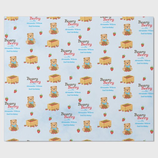 Beary Berry Schattige Blue Strawberry Cub Boy Cadeaupapier (Vlak)